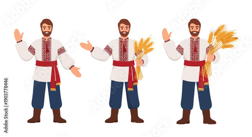 Vector set collections of Ukrainian men wearing vyshyvanka shirt and sash, representing Slavic identity, agricultural tradition, and cultural heritage