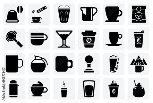 Comprehensive Coffee Culture Visuals – Brewing Equipment, Drink Types, And Takeaway Containers For Cafe And Restaurant Branding