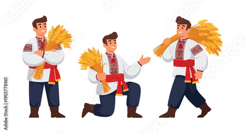 Vector set collections of Ukrainian men wearing vyshyvanka shirt and sash, representing Slavic identity, agricultural tradition, and cultural heritage
