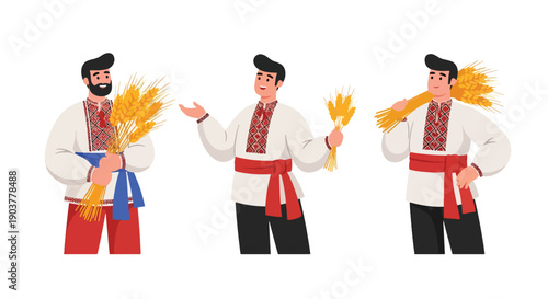 Vector set collections of Ukrainian men wearing vyshyvanka shirt and sash, representing Slavic identity, agricultural tradition, and cultural heritage
