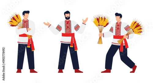 Vector set collections of Ukrainian men wearing vyshyvanka shirt and sash, representing Slavic identity, agricultural tradition, and cultural heritage