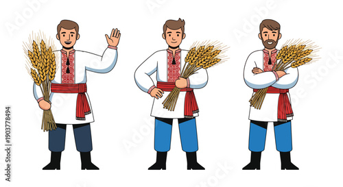 Vector set collections of Ukrainian men wearing vyshyvanka shirt and sash, representing Slavic identity, agricultural tradition, and cultural heritage