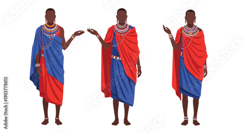 Vector set collections of Kenyan men wearing Maasai shuka cloth with bead jewelry and spear, highlighting tribal heritage, warrior tradition, and African cultural identity