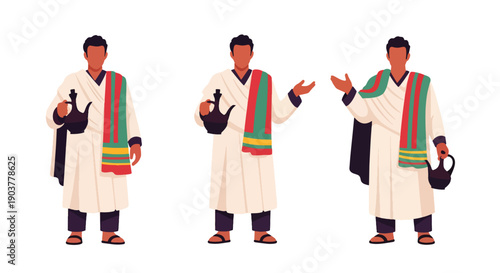 Vector set collections of Ethiopian men wearing habesha attire and shawl with coffee pot jebena, showing East African heritage, hospitality culture, and tradition
