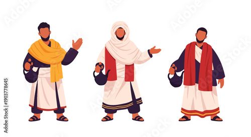 Vector set collections of Ethiopian men wearing habesha attire and shawl with coffee pot jebena, showing East African heritage, hospitality culture, and tradition