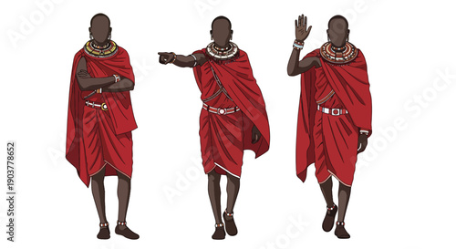 Vector set collections of Kenyan men wearing Maasai shuka cloth with bead jewelry, highlighting tribal heritage, warrior tradition, and African cultural identity