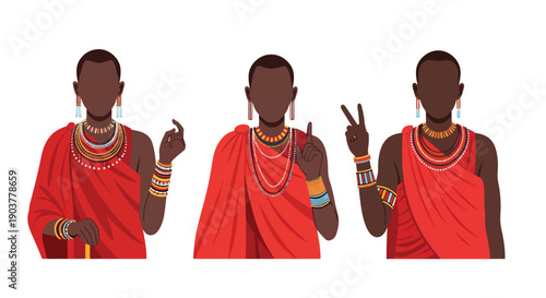 Vector set collections of Kenyan men wearing Maasai shuka cloth with bead jewelry, highlighting tribal heritage, warrior tradition, and African cultural identity
