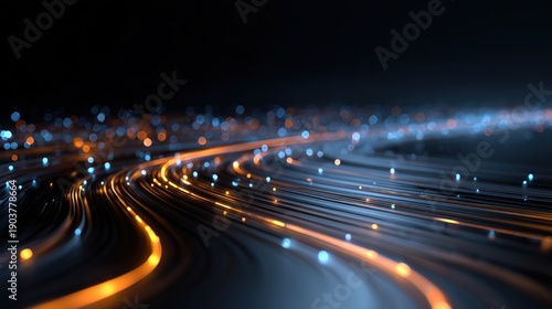 Digital Data Highway: An eye-level shot captures a vibrant flow of data streams, symbolizing the speed and connectivity of modern technology. The lights dance across a dark void.