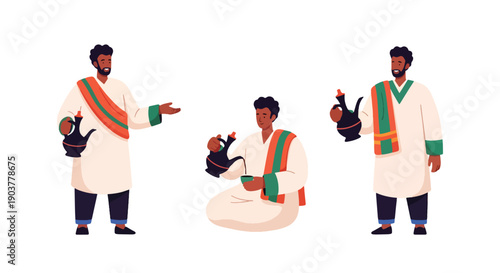 Vector set collections of Ethiopian men wearing habesha attire and shawl, showing East African heritage, hospitality culture, and tradition
