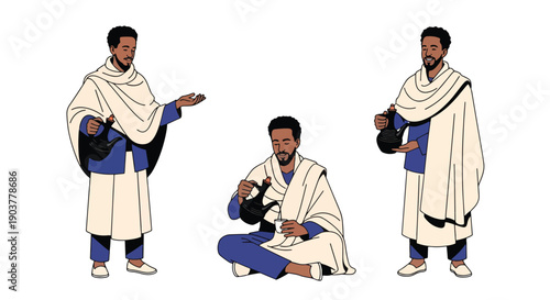 Vector set collections of Ethiopian men wearing habesha attire and shawl, showing East African heritage, hospitality culture, and tradition