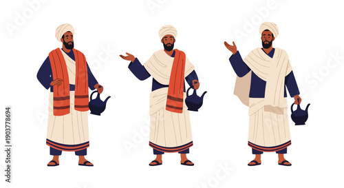 Vector set collections of Ethiopian men wearing habesha attire and shawl, showing East African heritage, hospitality culture, and tradition