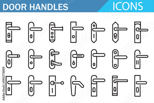 Interior door hardware linear icon set with handles and fittings