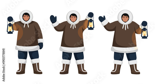 Vector set collections of Inuit men wearing fur-trimmed parka and boots, showing Arctic survival culture, northern heritage, and traditional lifestyle