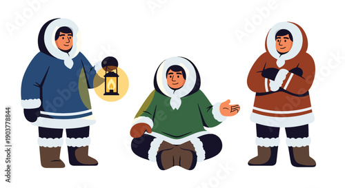 Vector set collections of Inuit men wearing fur-trimmed parka and boots, showing Arctic survival culture, northern heritage, and traditional lifestyle