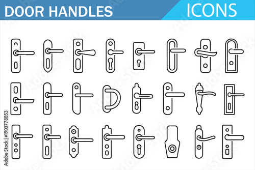 Door handle icon set in outline style featuring modern and classic lever handles, locks and fittings for interior design, architecture, hardware catalogs, UI symbols and construction projects