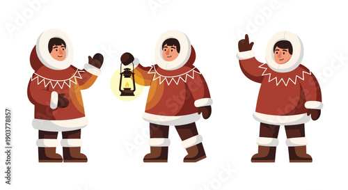 Vector set collections of Inuit men wearing fur-trimmed parka and boots, showing Arctic survival culture, northern heritage, and traditional lifestyle