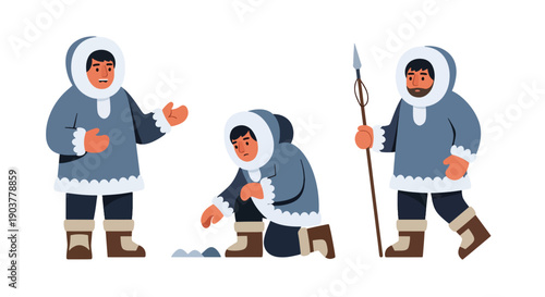 Vector set collections of Inuit men wearing fur-trimmed parka and boots, showing Arctic survival culture, northern heritage, and traditional lifestyle