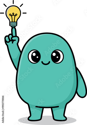 Green cartoon character holding lightbulb idea, mascot vector illustration, creative concept icon on transparent background
