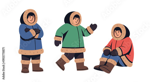 Vector set collections of Inuit men wearing fur-trimmed parka and boots, showing Arctic survival culture, northern heritage, and traditional lifestyle