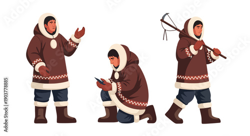 Vector set collections of Inuit men wearing fur-trimmed parka and boots, showing Arctic survival culture, northern heritage, and traditional lifestyle