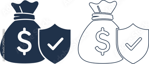 Financial security and protection concept with money bags and shields