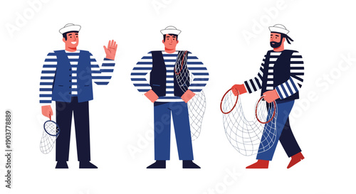 Vector set collections of French men wearing Breton sailor shirt and vest, highlighting coastal heritage, maritime culture, and regional tradition