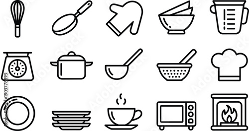 Set of kitchen tool and cooking utensils line icon set, kitchenware black and white outline vector icons