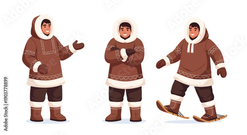 Vector set collections of Inuit men wearing fur-trimmed parka and boots, showing Arctic survival culture, northern heritage, and traditional lifestyle