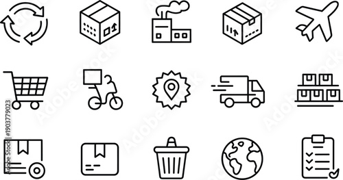 Set of delivery logistics and shipping line icon set, black and white outline vector icons