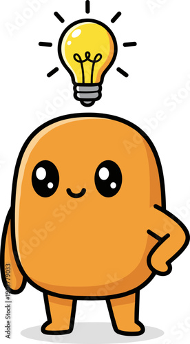 Orange cartoon character with lightbulb idea, mascot vector illustration, creative concept icon on transparent background
