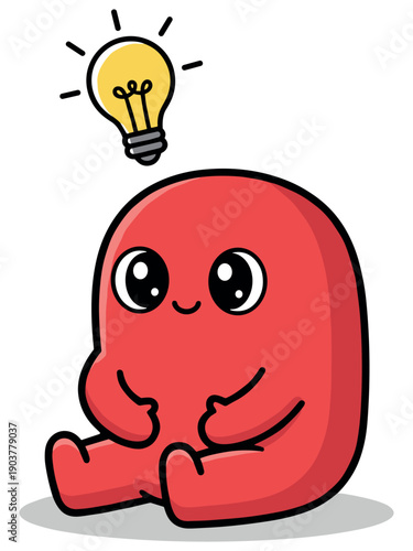 Red cartoon character sitting with lightbulb idea, mascot vector illustration, creative concept icon on transparent background
