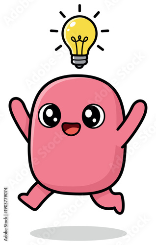 Pink mascot character with lightbulb idea, cartoon vector illustration for creativity, thinking and knowledge concept on transparent background
