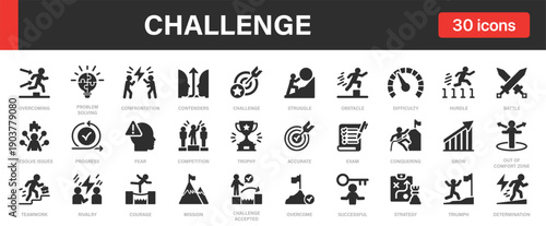 Challenge icons set. Overcoming, obstacles, competition, achievement and others.