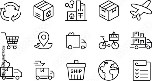 Set of delivery logistics and shipping line icon set, black and white outline vector icons