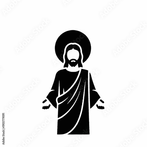 Jesus Christ figure with halo and open arms illustration.