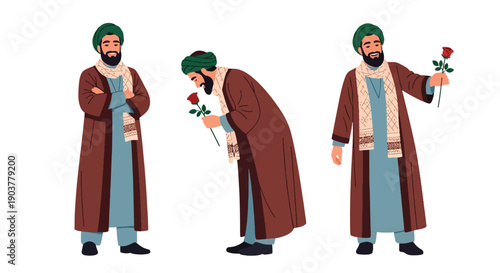 Vector set collections of Iranian men wearing traditional Persian robe with patterned scarf and rose, highlighting Middle Eastern culture and artistic heritage