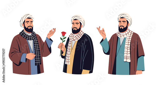 Vector set collections of Iranian men wearing traditional Persian robe with patterned scarf and rose, highlighting Middle Eastern culture and artistic heritage