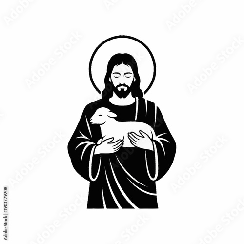 Jesus Christ holding a lamb with a halo above his head.