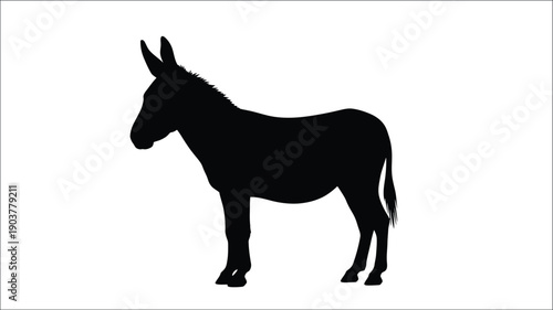 Black silhouette of a donkey standing in profile silhouette