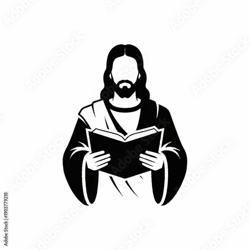 Jesus Christ holding an open book in a black and white illustration.