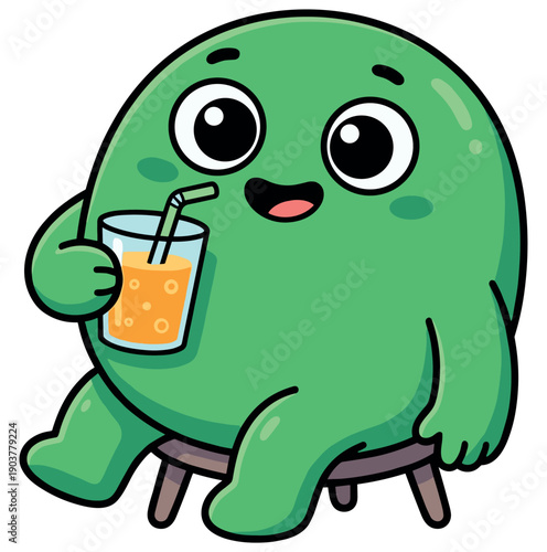 Green cartoon character drinking juice while sitting, mascot vector illustration with beverage glass on transparent background
