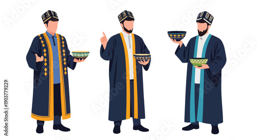Vector set collections of Uzbek men wearing atlas silk coat and doppa hat, showing Central Asian heritage and artisan culture