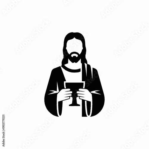 Jesus Christ holding a chalice in a black and white illustration.