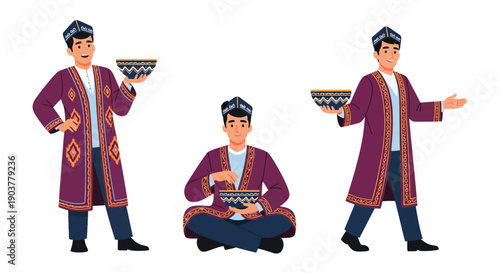 Vector set collections of Uzbek men wearing atlas silk coat and doppa hat, showing Central Asian heritage and artisan culture