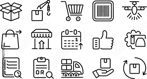 Set of delivery logistics and shipping line icon set, black and white outline vector icons