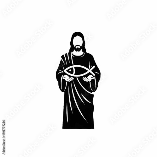 Jesus Christ holding Ichthys symbol of Christianity.