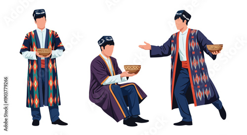 Vector set collections of Uzbek men wearing atlas silk coat and doppa hat, showing Central Asian heritage and artisan culture