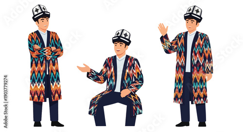 Vector set collections of Uzbek men wearing atlas silk coat and doppa hat, showing Central Asian heritage and artisan culture