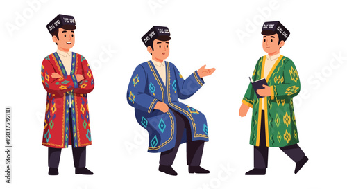 Vector set collections of Uzbek men wearing atlas silk coat and doppa hat, showing Central Asian heritage and artisan culture