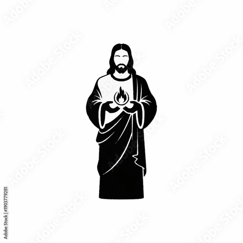 Jesus Christ holding sacred heart flame illustration.